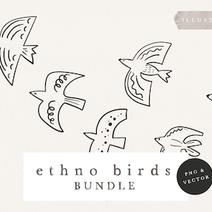ETHNO BIRDS CLIPART / vector and png bundle boho illustration hand drawn sketches