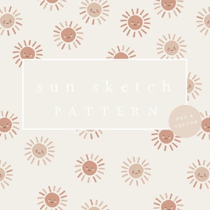 Könnte beinhalten: Ein nahtloses Muster mit einem sich wiederholenden Design aus braunen und pfirsichfarbenen Sonnen mit lächelnden Gesichtern auf einem hellbeigen Hintergrund. Der Text "sun sketch pattern" und "PNG & VECTOR" ist im Bild enthalten.