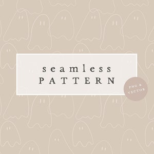 Könnte beinhalten: Ein nahtloses Muster mit weißen Geistern auf einem hellbraunen Hintergrund. Der Text "seamless pattern" wird in einem weißen Rechteck mit einem Kreis angezeigt, der den Text "PNG & VECTOR" in der unteren rechten Ecke enthält.