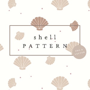 Könnte beinhalten: Ein nahtloses Muster mit beige und braunen Muscheln auf weißem Hintergrund. Der Text "shell pattern" befindet sich in einem braunen Rechteck in der Mitte des Bildes. Der Text "PNG & VECTOR" befindet sich in einem beigefarbenen Kreis unten rechts im Bild.