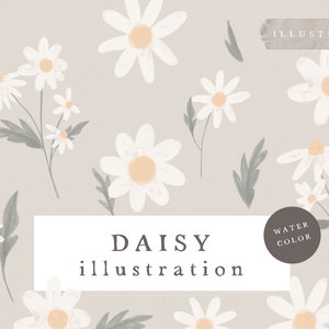 Pode incluir: Uma ilustração digital de margaridas brancas com centros amarelos sobre um fundo cinza claro. O texto "DAISY illustration" e "WATER COLOR" também estão incluídos na imagem.