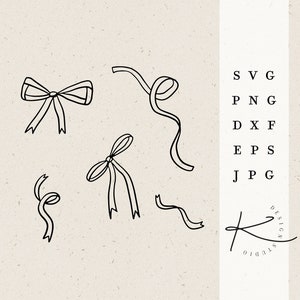 May include: Five black and white line drawings of bows and ribbons. The drawings are on a beige background. The text "SVG, PNG, DXF, EPS, JPG, DESIGN STUDIO" is on the right side of the image.