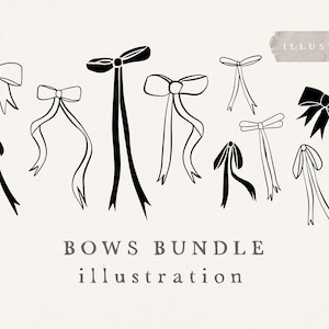 以下が含まれることがあります： 黒と白の9つの弓のイラストのセット。弓はシンプルでミニマルなスタイルで描かれています。画像の下部に「BOWS BUNDLE illustration」というテキストがあります。