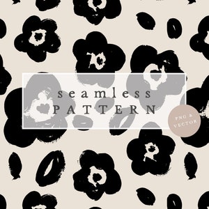 Könnte beinhalten: Ein nahtloses Muster mit schwarzen Pinselstrichblumen auf beigefarbenem Hintergrund. Der Text "seamless pattern" befindet sich in der Mitte des Bildes. Die Wörter "PNG & VECTOR" befinden sich in einem Kreis unten rechts im Bild.