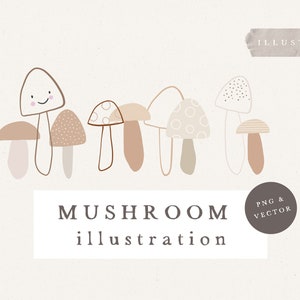 Op de afbeelding: Een set van zeven handgetekende paddenstoel illustraties in verschillende vormen en maten. De paddenstoelen zijn in tinten bruin, beige en wit met een gevlekt patroon. De tekst "MUSHROOM illustration" staat onder de paddenstoelen.