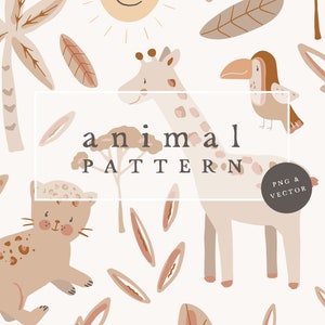 May include: A seamless pattern featuring a giraffe, a toucan, a cat, and palm trees in a light brown and pink colour scheme. The text "animal pattern" is in the centre of the image.