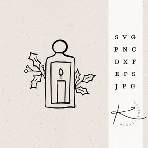 May include: Black and white line art illustration of a candle lantern with holly sprigs on either side. The lantern has a candle inside and a rounded top.