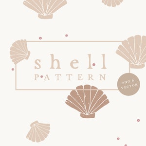 Könnte beinhalten: Ein nahtloses Muster mit beigefarbenen Muscheln auf weißem Hintergrund. Der Text "shell pattern" ist mittig im Bild platziert, darunter die Worte "PNG & VECTOR" in einem Kreis.