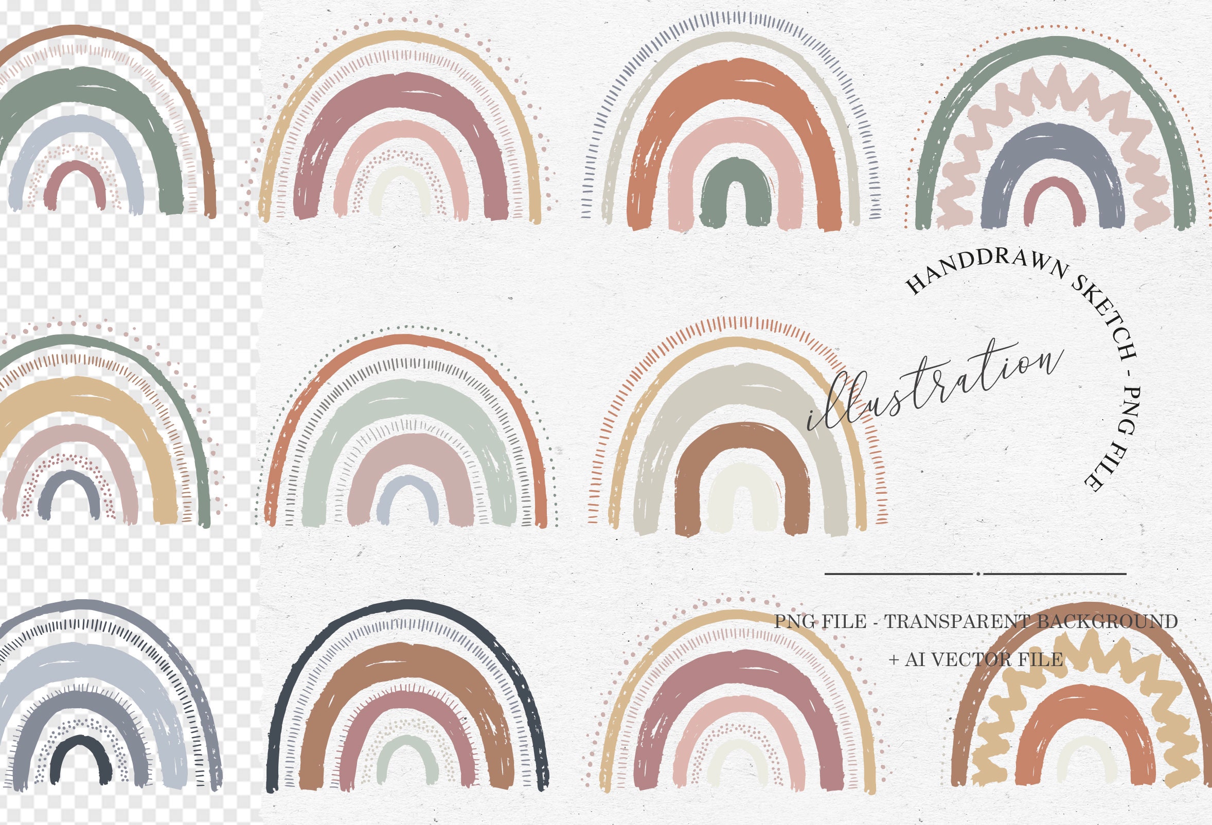 BOHO RAINBOW CLIPART / hand drawn vector rainbow png Illustration Clipart for Card Design and Social Media