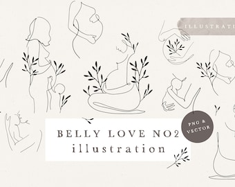 Peut inclure: Un ensemble d'illustrations en ligne représentant des femmes enceintes dans différentes poses, notamment en train de tenir un bébé, assises avec une couronne florale et en train d'embrasser leur ventre. Les illustrations sont en noir et blanc et ont un style minimaliste. Le texte "Belly Love No. 2 illustration" est inclus dans l'image.