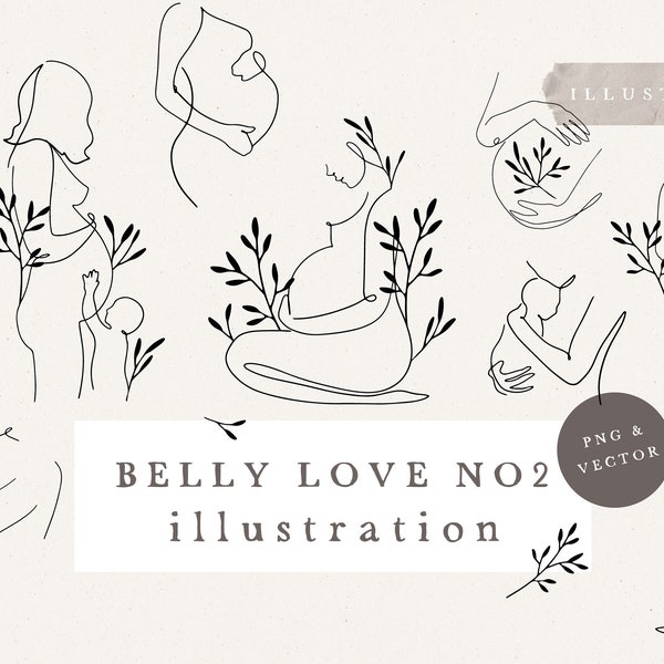 BELLY LOVE PREGNANCY / vector and png bundle hand drawn sketches baby shower baby birth pregnant woman line art