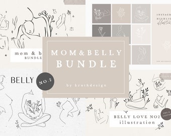 May include: A set of line art illustrations featuring pregnant women and flowers. The illustrations are in black and white and are perfect for use in social media, websites, or print materials. The text "Mom & Belly Bundle" and "Belly Love No. 2 Illustration" is included in the image.