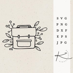 May include: Black and white line drawing of a backpack with floral accents. The backpack has a flap with a buckle closure and a front pocket. The floral accents are simple and delicate.