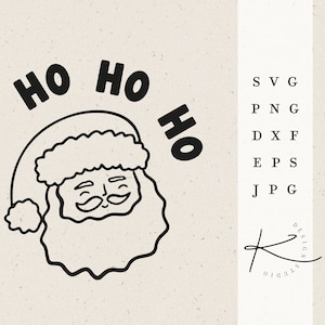 Könnte beinhalten: Schwarz-weiße Linienzeichnung von Weihnachtsmann mit dem Text "Ho Ho Ho" darüber.