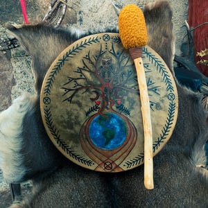 14'' Shamanic Deer Medicine Drum – Ethically Sourced Hide, Ash Frame, Folk Art Symbols