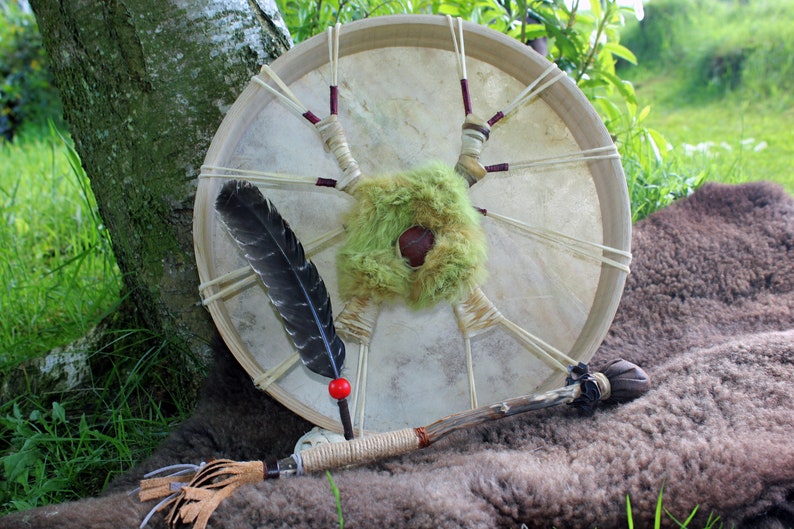 Wild Turkey Feather Faux Fur Unpolished Jasper Stone Oak Drum Beater Raw Shamanic Deer Drum 16 inch Ash frame