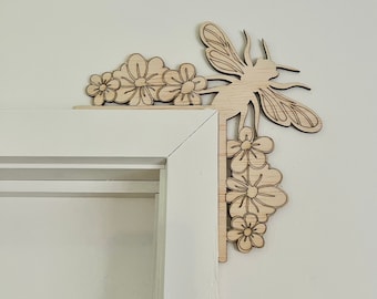 Moldura de esquina de madera contrachapada con diseño de abeja y flor: decoración para ventanas o puertas
