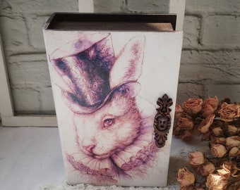 White Rabbit in a top hat. Wooden book box with lock. Alice in Wonderland jewelry box. Gift box Alice's Adventures for photos & letters.