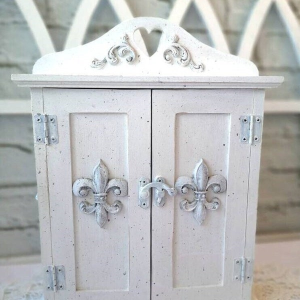 Large vintage wall key organizer White Fleur-de-lis key rack  Shabby wood wall key cabinet  Hooks key storage box Entryway wall key holder