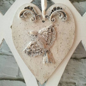 Victorian black and white heart hanging decor, French shabby door hanger, Ivory Vintage heart with bird, Vintage style bird wood ornaments