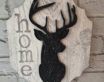 Farmhouse HOME sign, Black&White Deer silhouette sign, Antler wall sign, Modern Farmhouse, Rustic Home sign deer, Wall hanging deer plaque