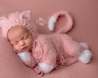 Baby cat costume kitty kitten knit outfit suit overall hat bonnet romper Halloween newborn sitter infant girl boy toddler gift photography