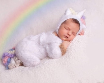 Newborn unicorn costume outfit knitted crochet suit jumpsuit bonnet hat infant baby girl gift Halloween rainbow photography photo shoot prop