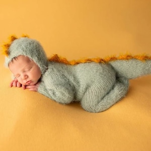 Newborn dinosaur costume dino dragon gozilla outfit knit crochet jumpsuit bonnet hat infant baby boy girl gift Halloween photography props image 1