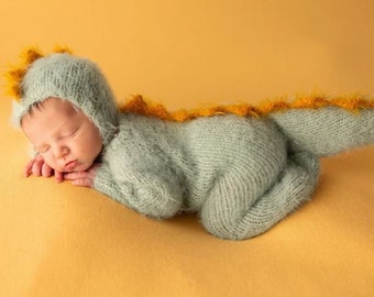 Newborn dinosaur costume dino dragon gozilla outfit knit crochet jumpsuit bonnet hat infant baby boy girl gift Halloween photography props