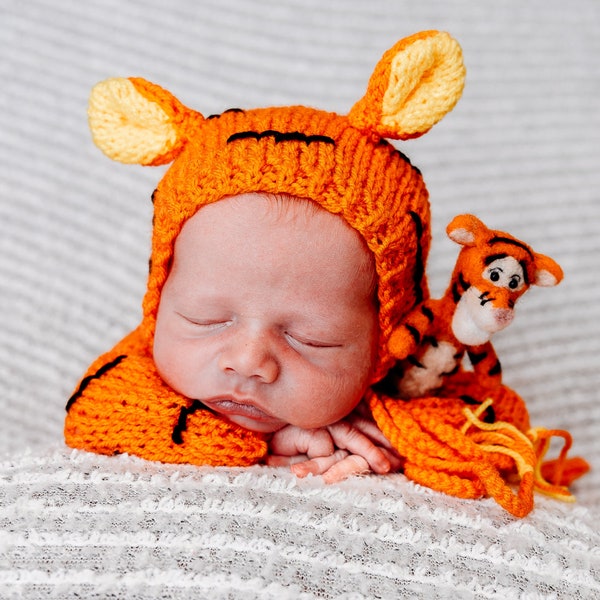 Neugeborenen Tiger Kostüm Outfit Anzug gestrickt häkeln Overall Overall Mütze Mütze Säuglingssitter Baby Kleinkind Junge Mädchen Geschenk Halloween Fotografie