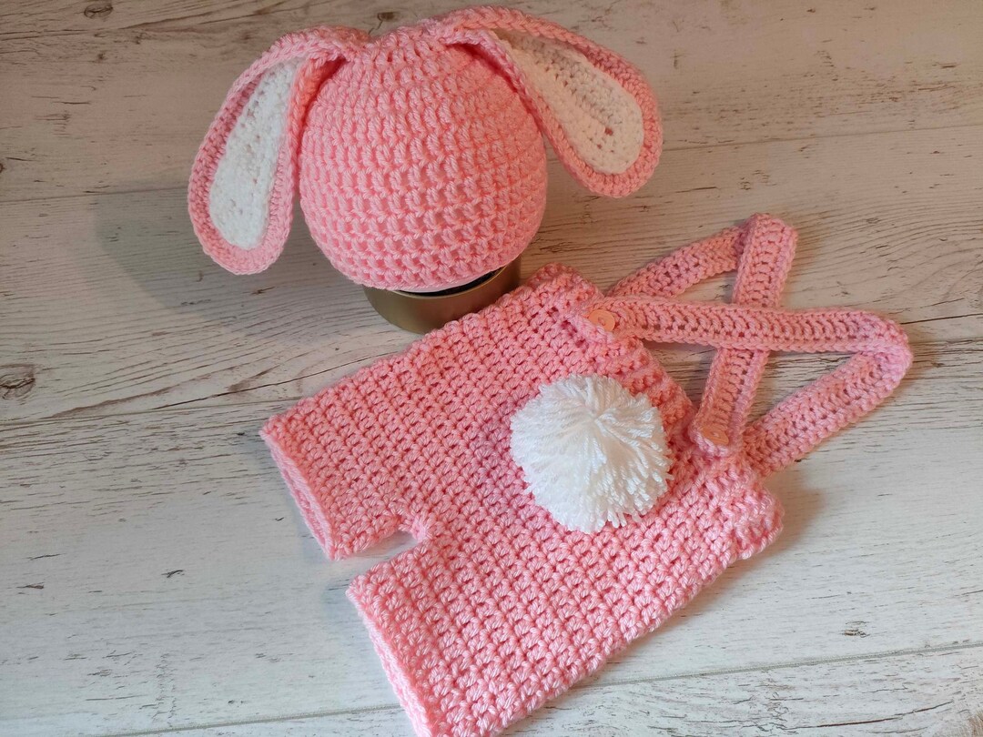 Newborn Bunny Costume Rabbit Crochet Knit Outfit Overall Hat Dungarees