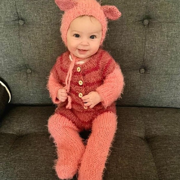 Newborn Piglet pig costume knit crochet outfit suit overall bonnet hat infant sitter baby toddler girl gift Halloween photography photo prop