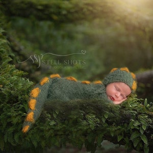 Newborn dinosaur costume dino dragon gozilla outfit knit crochet jumpsuit bonnet hat infant baby boy girl gift Halloween photography props image 3