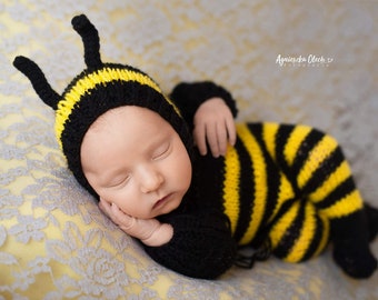 Baby bumble bee costume bumblebee knit crochet outfit suit romper hat bonnet newborn infant sitter girl boy toddler gift photography props