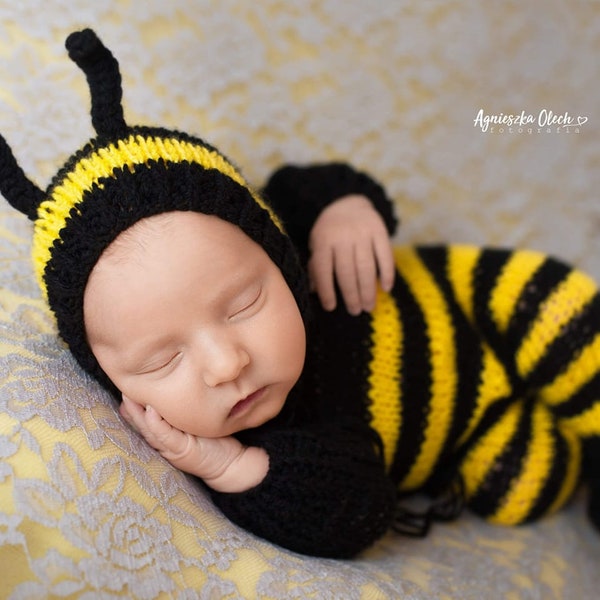 Newborn bumble bee costume bumblebee knit crochet outfit suit hat bonnet Halloween infant sitter baby girl boy child gift photography props