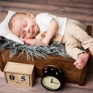Newborn wooden bed with bedside nightstand cupboard rustic natural wood infant baby child doll posing photography gift photo session props