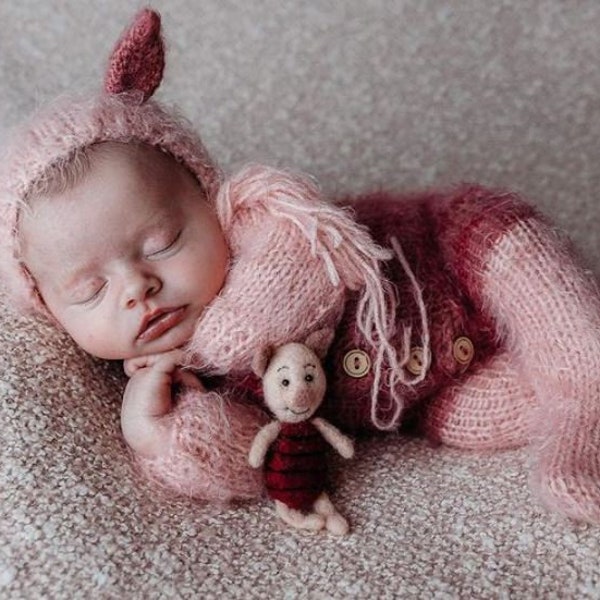 Baby Pig Piglet costume knit crochet pig outfit overall suit overall hat bonnet newborn infant sitter girl gift Halloween photography props