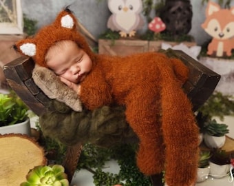 Newborn fox costume Halloween knitted crochet outfit overall suit bonnet hat infant sitter baby girl boy toddler child gift photography prop
