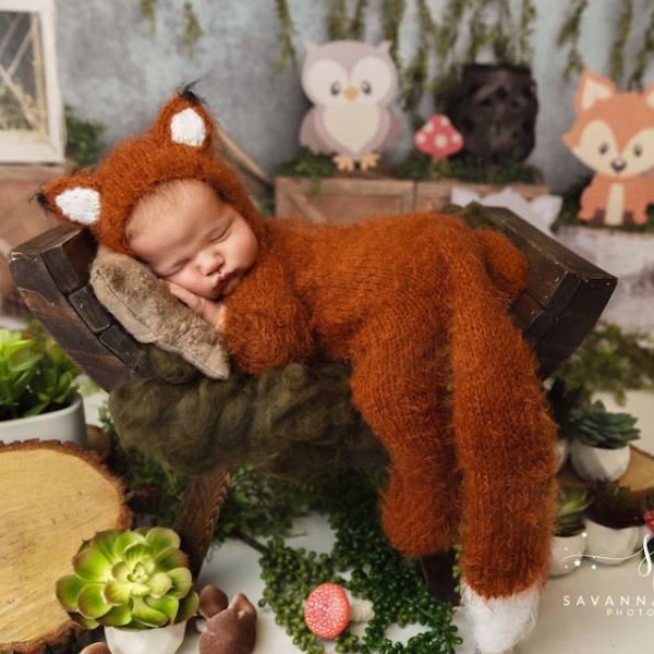 Newborn fox costume knitted crochet outfit overall suit bonnet hat infant sitter baby girl boy toddler child gift Halloween photography prop