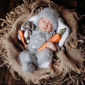 Baby bunny costume outfit knit rabbit suit overall jumpsuit bonnet hat romper newborn infant sitter girl boy toddler gift Spring photography image 5