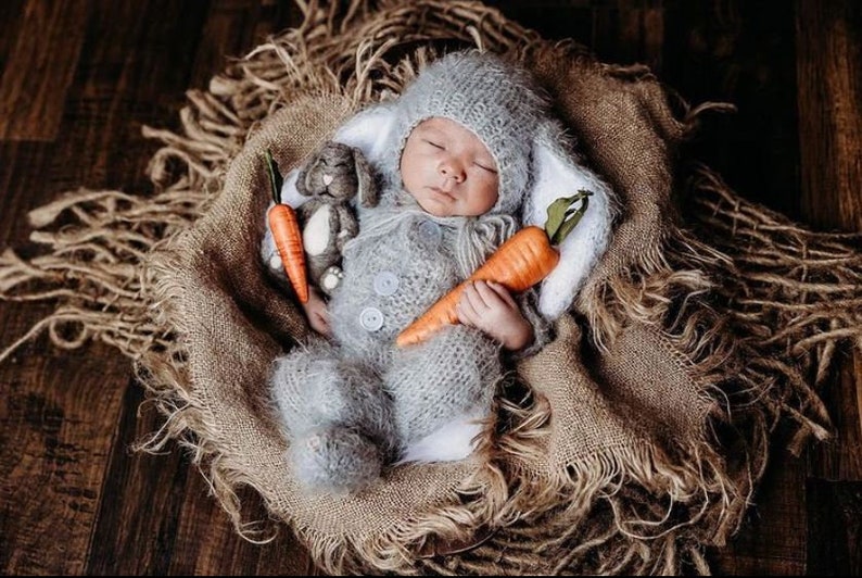 Baby bunny costume outfit knit rabbit suit overall jumpsuit bonnet hat romper newborn infant sitter girl boy toddler gift Spring photography image 5