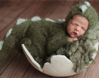 Baby dinosaur knit costume dragon gozilla dino outfit suit jumpsuit overall hat newborn infant sitter toddler boy girl gift Halloween photo