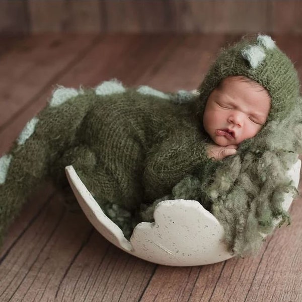 Baby dinosaur knit costume dragon gozilla dino outfit suit jumpsuit overall hat newborn infant sitter toddler boy girl gift Halloween photo