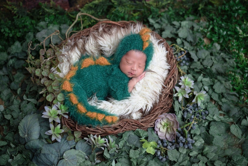 Newborn dinosaur costume dino dragon gozilla outfit knit crochet jumpsuit bonnet hat infant baby boy girl gift Halloween photography props image 10