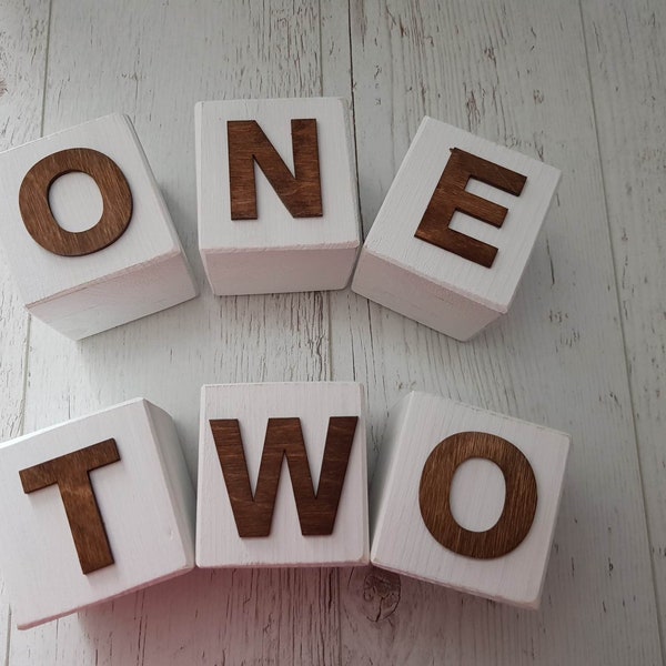 Wooden ONE TWO blocks vintage cubes infant baby toddler child 1st first second birthday party decor sign smash cake photography photo props