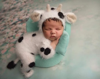 Cow costume outfit suit overall knit crochet jumpsuit bonnet hat romper newborn infant sitter baby boy girl gift toddler Easter photography