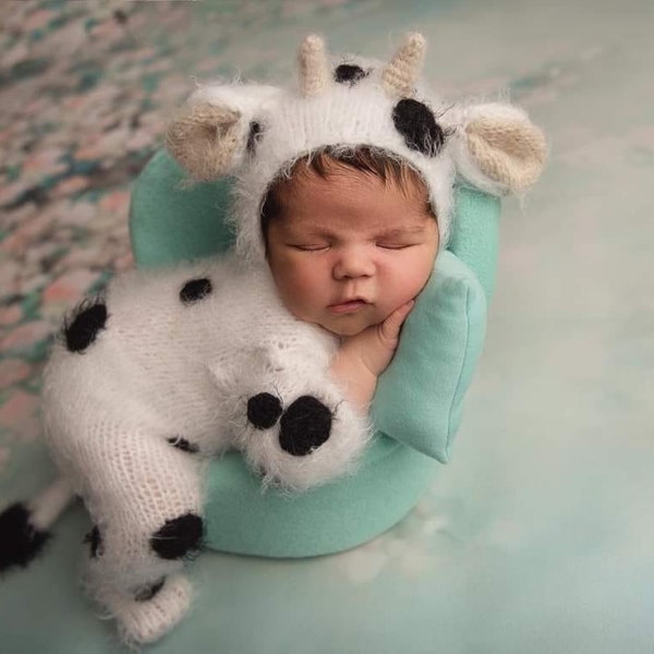 Cow costume outfit suit overall knit crochet jumpsuit bonnet hat romper newborn infant sitter baby boy girl gift toddler Easter photography