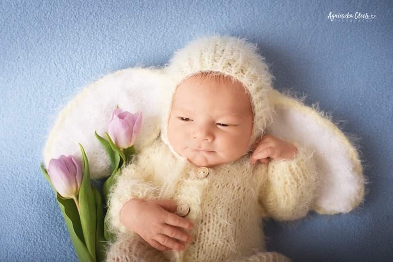 Baby bunny costume outfit knit rabbit suit overall jumpsuit bonnet hat romper newborn infant sitter girl boy toddler gift Spring photography image 3