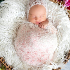 Newborn alpaca silk wrap bonnet crochet openwork ecru knit stretch sleeping hat infant baby boy girl Christmas photography posing photo prop