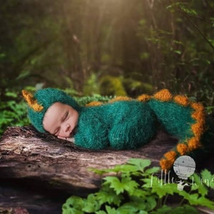 Newborn dinosaur costume dino dragon gozilla outfit knit crochet jumpsuit bonnet hat infant baby boy girl gift Halloween photography props image 2